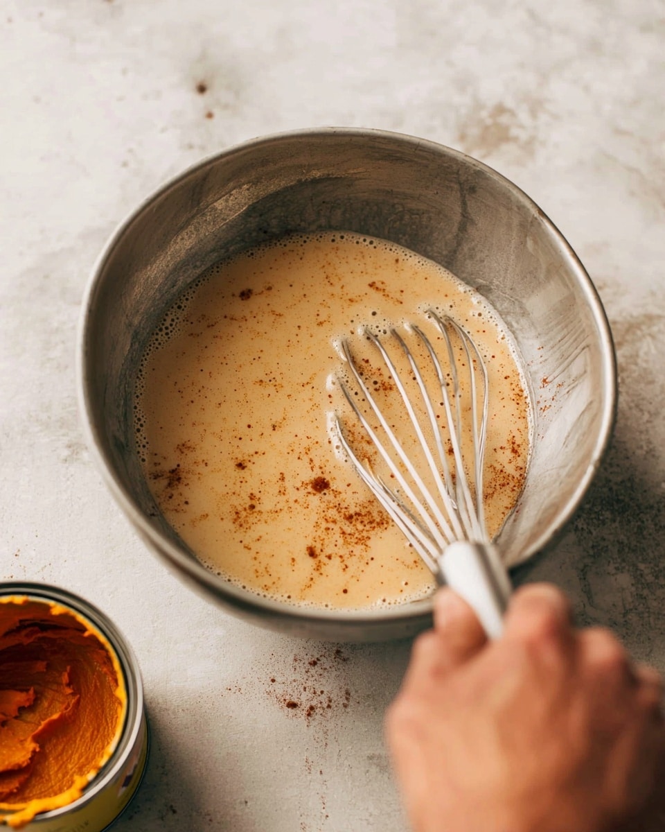 A close-up view of a metal mixing bowl with a light tan liquid inside that has small bubbles and specks of brown spices scattered throughout. A woman's hand is holding a metal whisk, stirring the liquid, with the whisk partially submerged. Next to the bowl is an open can with some orange mashed contents visible inside. The bowl is placed on a white marbled surface. photo taken with an iphone --ar 4:5 --v 7