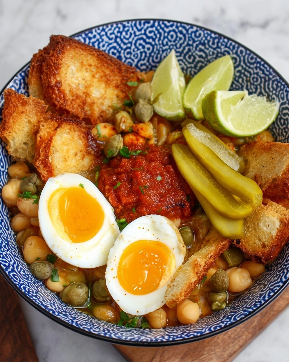 A white bowl with a blue geometric pattern holds a colorful dish arranged in layers. The base layer consists of light brown cooked beans mixed with some green herbs and small round green capers. On top, there are several pieces of golden-brown toasted bread, crispy on the edges, scattered around. In the center, a bright red chunky sauce is spread. Two halves of a soft-boiled egg with shiny white edges and bright yellow yolks sit next to the sauce. On one side, three lime wedges add a light green color, while on another side, two pickle slices lie across the beans. The bowl is placed on a white marbled surface. photo taken with an iphone --ar 4:5 --v 7