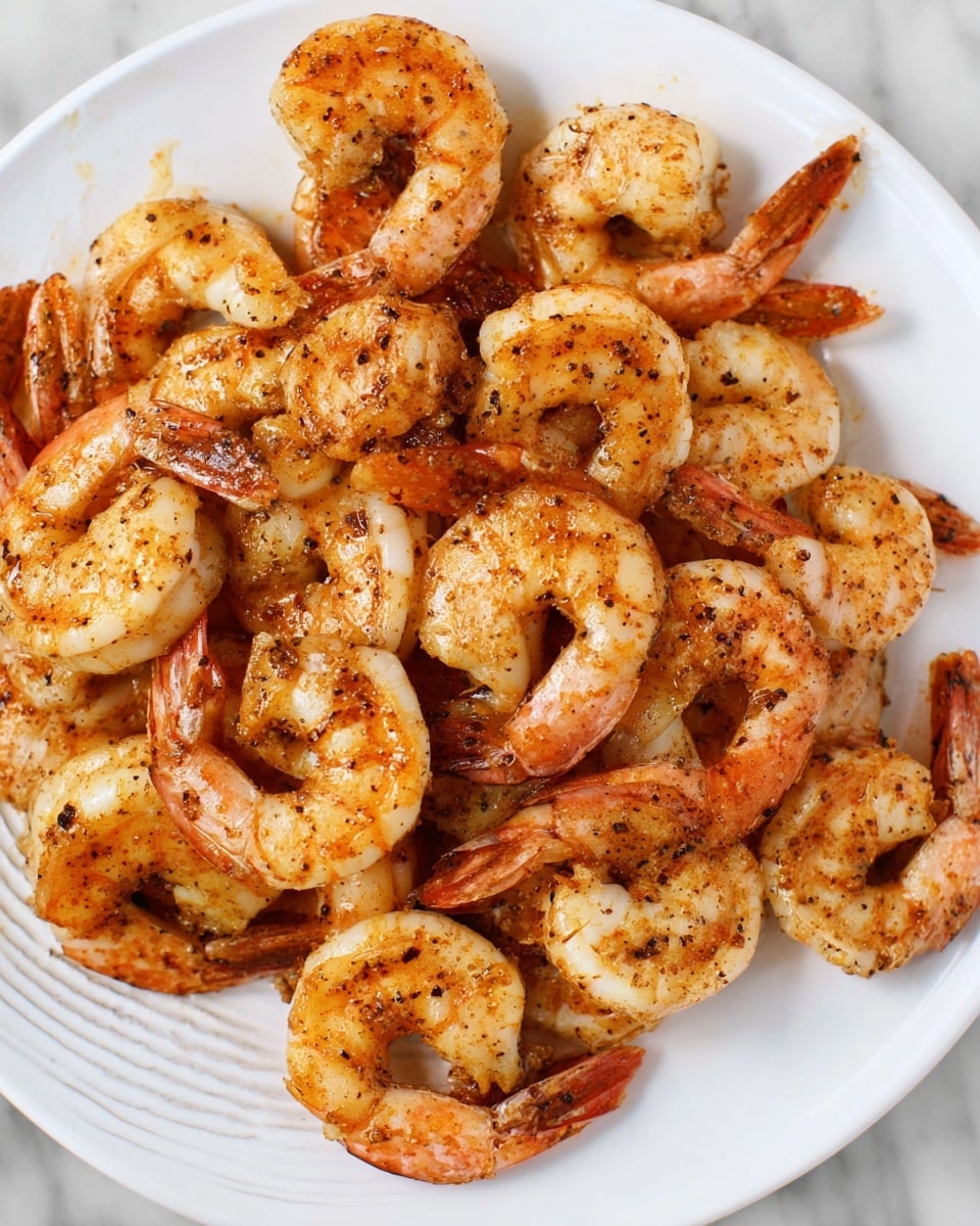 A white plate holds a pile of cooked shrimp, about two layers thick. The shrimp are pink-orange with dark seasoning spots, showing a slightly rough texture. The tails are left on, and the shrimp are curled in a crescent shape. The plate has a faint swirl pattern on its surface. The background is a white marbled texture. photo taken with an iphone --ar 4:5 --v 7