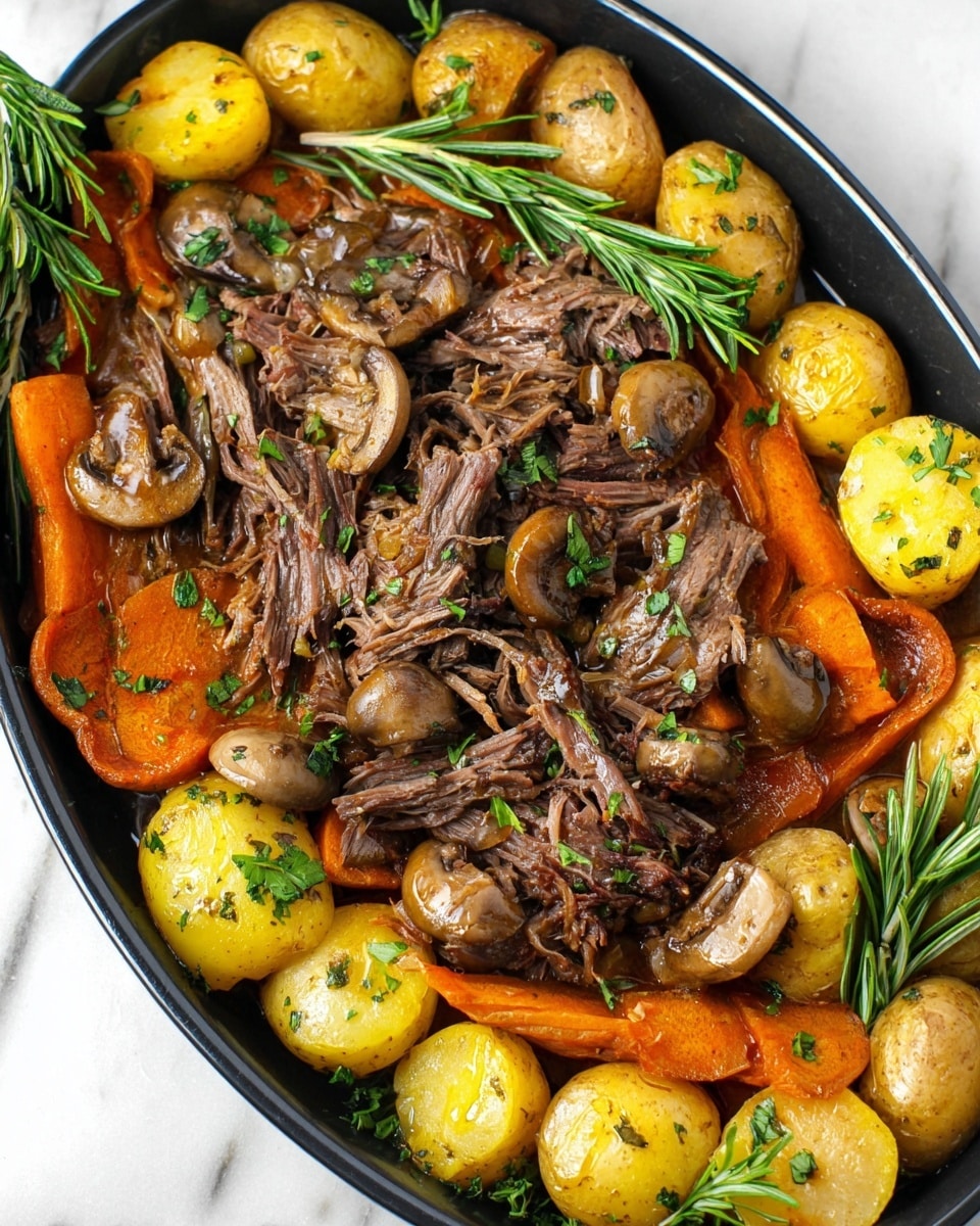 A dark oval pan filled with layers of cooked food starting with large chunks of brown, tender shredded meat in the center, surrounded by thick slices of bright orange carrots and whole light brown mushrooms. Along the edges, there are round, golden yellow potatoes with a light herb garnish, and there are also green herb sprigs, mainly rosemary, scattered on top. The food looks moist and rich with some bits of green parsley sprinkled over the dish. The pan is placed on a white marbled surface. photo taken with an iphone --ar 4:5 --v 7
