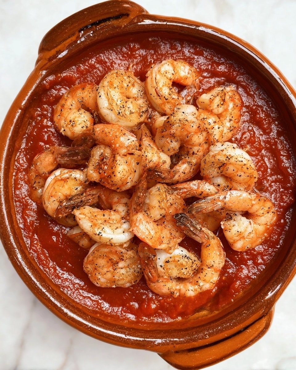 A round brown ceramic bowl with a handle holds a thick red tomato sauce as the base layer, spreading evenly and filling the bowl almost to the top. On top of the sauce is a generous layer of cooked shrimp, pink-orange in color with some black pepper sprinkled across them, arranged haphazardly but covering most of the sauce. The shrimp have a slightly shiny and tender texture, with tails still attached. The bowl is placed on a white marbled surface, with no other items visible in the frame. photo taken with an iphone --ar 4:5 --v 7