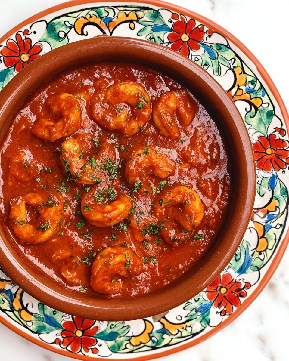 A close-up view of a shallow round white ceramic dish filled with several large shrimp covered in thick, rich red sauce, with a smooth and slightly chunky texture. The shrimp are fully coated and slightly curved, showing some fine details of their surface beneath the sauce. Bright green small chopped herbs are sprinkled evenly over the shrimp and sauce, adding contrast to the deep red color. The dish rests on a white marbled surface visible around the edges. photo taken with an iphone --ar 4:5 --v 7