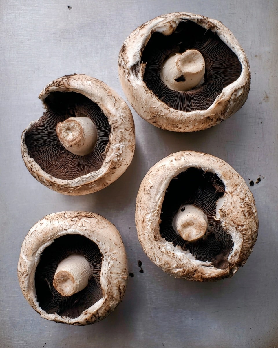 Four whole mushrooms are placed on a smooth grey metal surface. Each mushroom has a round shape with dark brown gills visible in the center, surrounded by a light beige outer edge that looks a bit rough and uneven. The mushrooms are spaced with some room between them, with their tops facing up showing the dark inside parts clearly. The surface has faint marks and small dark spots scattered around. photo taken with an iphone --ar 4:5 --v 7