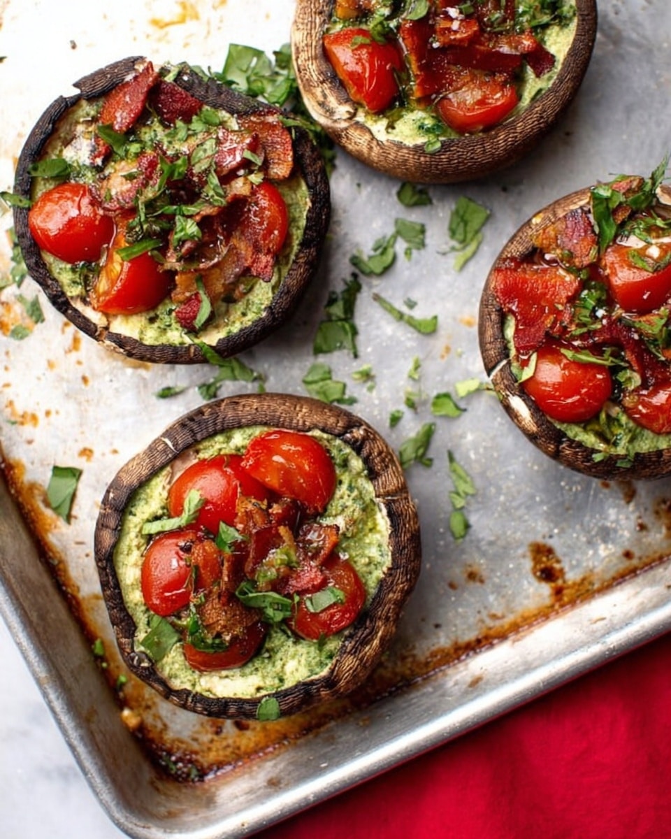 The image shows four large mushroom caps used as bowls, each filled with a green sauce base that looks creamy and smooth, topped with small halved cherry tomatoes that are bright red and fresh. Thin, crispy slices of a reddish topping are scattered on each mushroom along with some fresh chopped green herbs sprinkled on top. The mushrooms are placed on a silver metal tray with some visible stains, all set on a white marbled surface with a small part of a bright red cloth in the corner. photo taken with an iphone --ar 4:5 --v 7