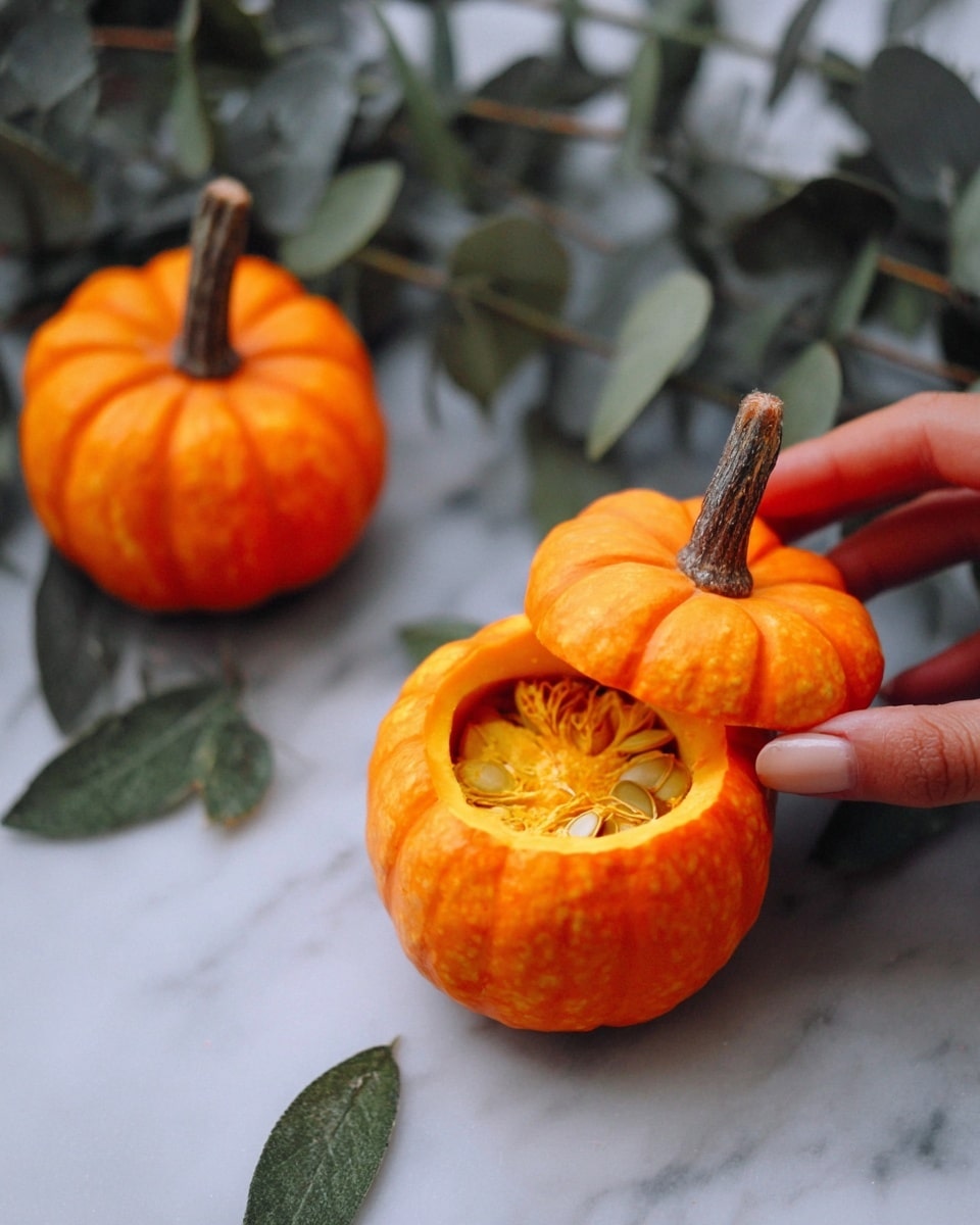A close-up view of two small orange pumpkins on a white marbled surface with green leaves around them; the front pumpkin is open with its bright yellow inside and seeds visible, and a woman's hand is lifting its round orange lid with a brown stem; the back pumpkin is closed, with its round lid resting slightly tilted on top. photo taken with an iphone --ar 4:5 --v 7