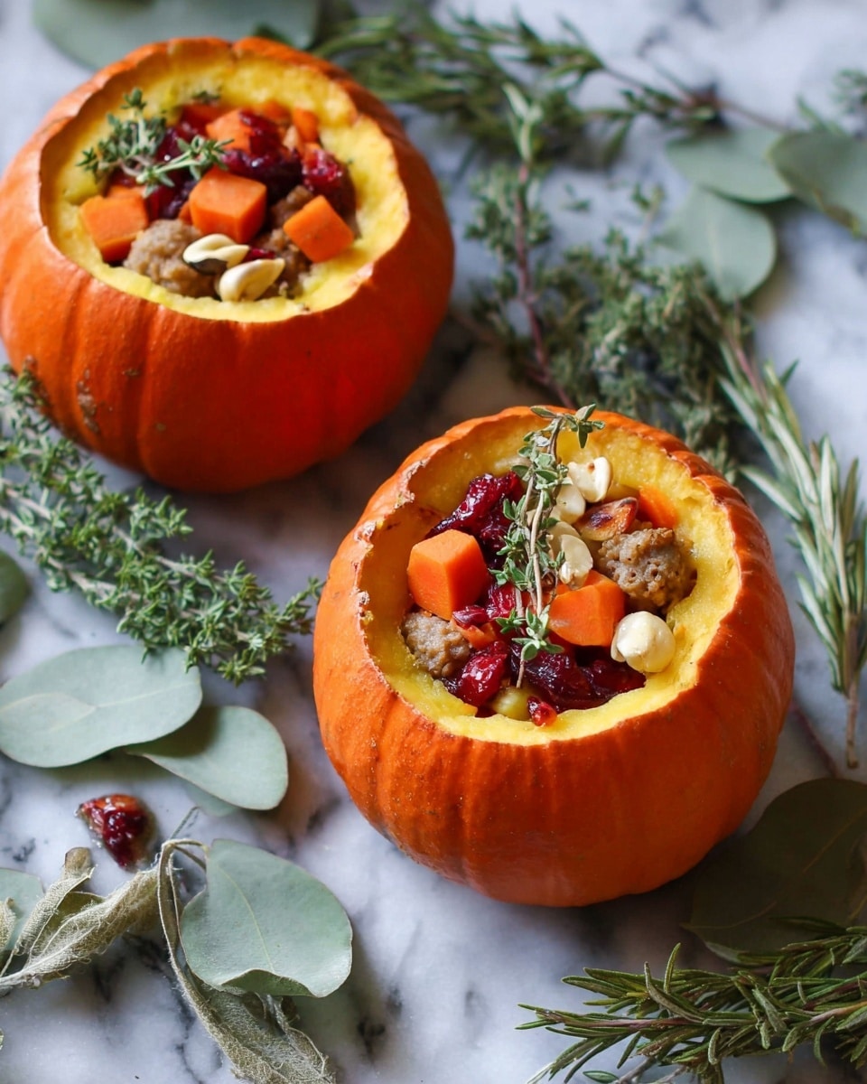 Two small bright orange pumpkins with their tops removed serve as bowls filled with a colorful mixture. The filling has three layers: the bottom layer is a soft yellow pumpkin flesh, followed by chunks of cooked carrots and pieces of light brown sausage mixed with bright red cranberries and small white nut pieces. Each pumpkin bowl is garnished with a small green thyme sprig on top. The pumpkins and their lids sit on a white marbled surface scattered with fresh green rosemary and eucalyptus leaves. Photo taken with an iphone --ar 4:5 --v 7