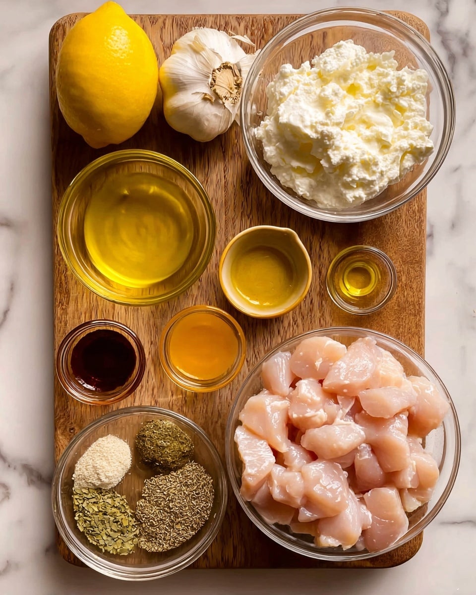 The image shows a wooden board set on a white marbled surface, with several clear glass bowls arranged neatly. In the largest bowl at the bottom right, there are many pieces of raw light pink chicken chunks. Above it to the right, a medium bowl is filled with fluffy white creamy cheese. To its left, a small bowl holds a golden yellow liquid, likely oil, and next to it, another small bowl contains a small amount of Dijon mustard colored yellow. At the bottom left, a small bowl holds a darker amber liquid, while another tiny bowl below it contains a very dark brown liquid. On the upper left corner, there is a bright yellow whole lemon and next to it three whole garlic cloves are laid out. Below them, a round bowl is divided into four sections, each holding green and beige dried herbs and spices. The overall scene is colorful, with the natural tones of raw chicken, lemon, and herbs all clearly visible. The photo taken with an iphone --ar 4:5 --v 7
