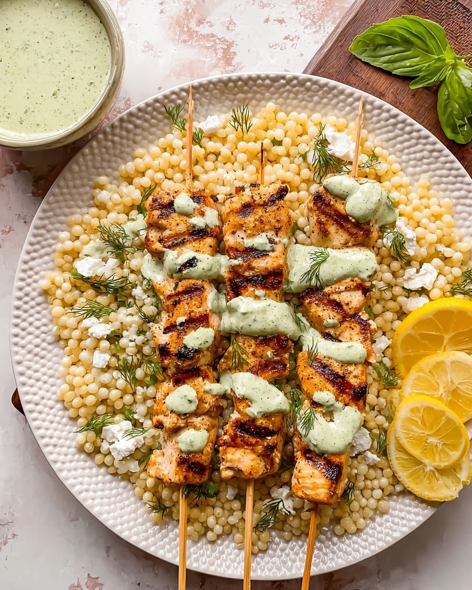 The image shows three grilled chicken skewers with golden brown char lines placed on a layer of small, round, creamy white couscous pearls on a white plate with a textured pattern. Drizzled over the chicken is a light green herb sauce, with small specks of herbs and spices. The couscous base is scattered with small pieces of white cheese and garnished with fresh dill. On the right side of the plate, there are two lemon wedges with bright yellow skin and a green basil leaf nearby. In the bottom left corner, there is a bowl filled with more creamy herb sauce. The whole setup is on a white marbled surface. Photo taken with an iphone --ar 4:5 --v 7
