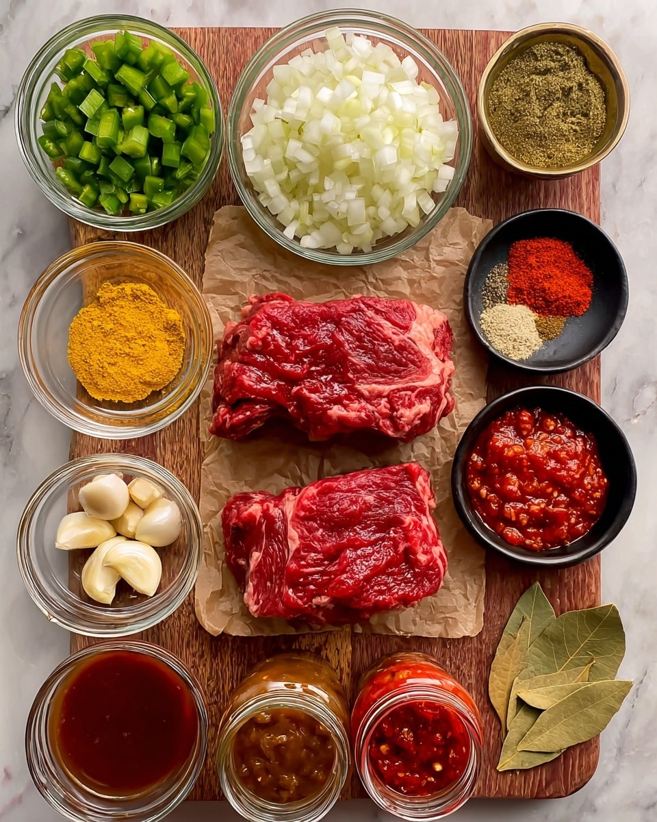 A wooden board holds various ingredients arranged neatly, centered by two thick pieces of raw red meat resting on light brown parchment paper; above the meat is a clear glass bowl filled with finely chopped white onions and to its left sits a glass bowl of diced green peppers. Surrounding these central items are small clear glass bowls containing peeled whole garlic cloves, yellow mustard powder, bright red tomato paste, dark brown caramelized onions, and three jars at the bottom with brown liquid, chunky red sauce, and a spicy red sauce with pepper flakes. In the top right corner, a black bowl holds colorful spices including green dried herbs, red chili powder, yellow curry powder, and two dried bay leaves. The setup is placed on a white marbled surface photo taken with an iphone --ar 4:5 --v 7