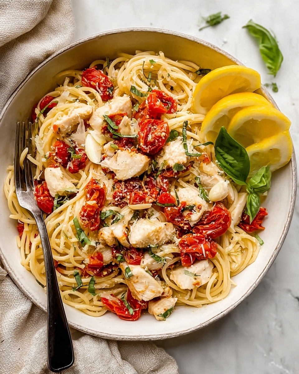 A white bowl filled with three main layers: a base of light beige spaghetti noodles twisted and spread evenly, topped with chunks of white cooked chicken pieces scattered all over, and bright red roasted tomato pieces interspersed between the chicken and pasta. There are thin slices of white garlic and small fresh green basil leaves placed lightly on top. On one side of the bowl, there are two thin yellow lemon wedges leaning against the pasta. The whole dish has a light sprinkle of grated cheese and small bits of green chives adding texture. A black fork rests inside the bowl on the left side, with a soft beige cloth partially covering the white marbled surface underneath the bowl. Photo taken with an iphone --ar 4:5 --v 7