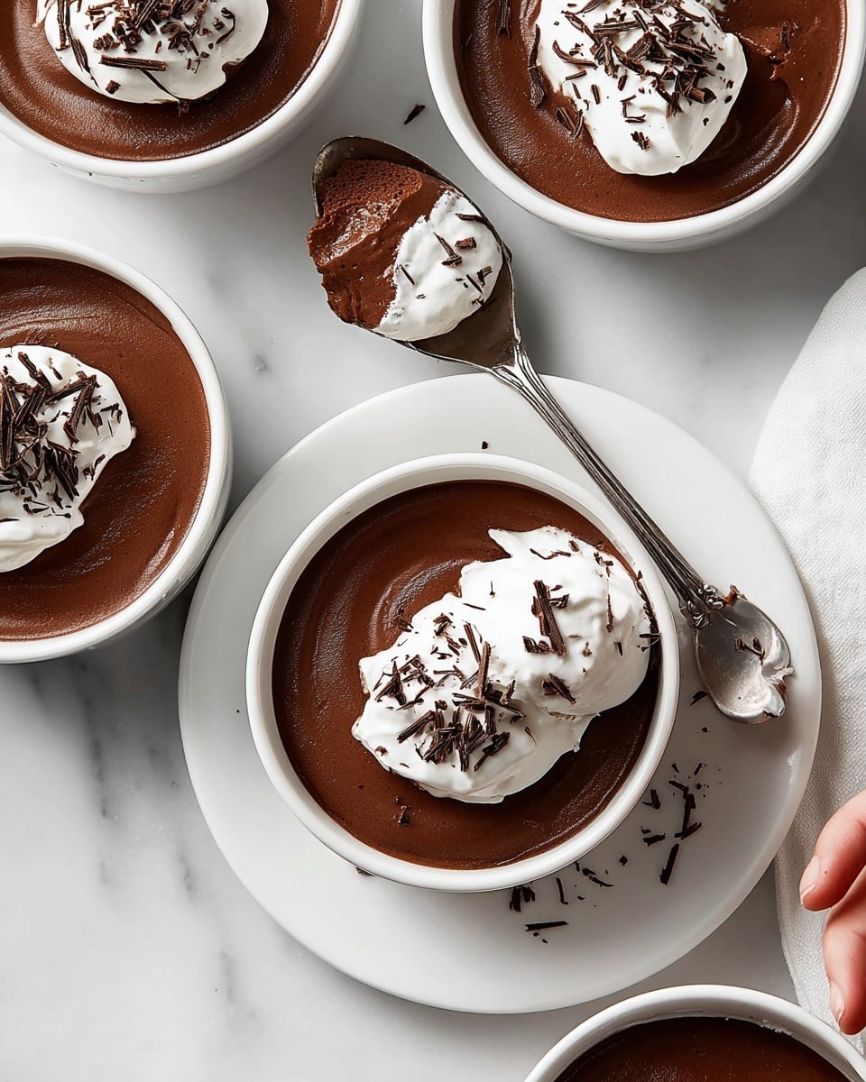 The image shows four white bowls filled with smooth, dark brown chocolate mousse on a white marbled surface. Each bowl has a dollop of white whipped cream on top, sprinkled with small dark chocolate shavings. One bowl is on a white plate with a silver spoon resting on it. The spoon holds a scoop of the mousse topped with whipped cream and chocolate shavings, with a woman's hand holding the spoon. The mousse looks creamy and thick with a glossy texture. photo taken with an iphone --ar 4:5 --v 7