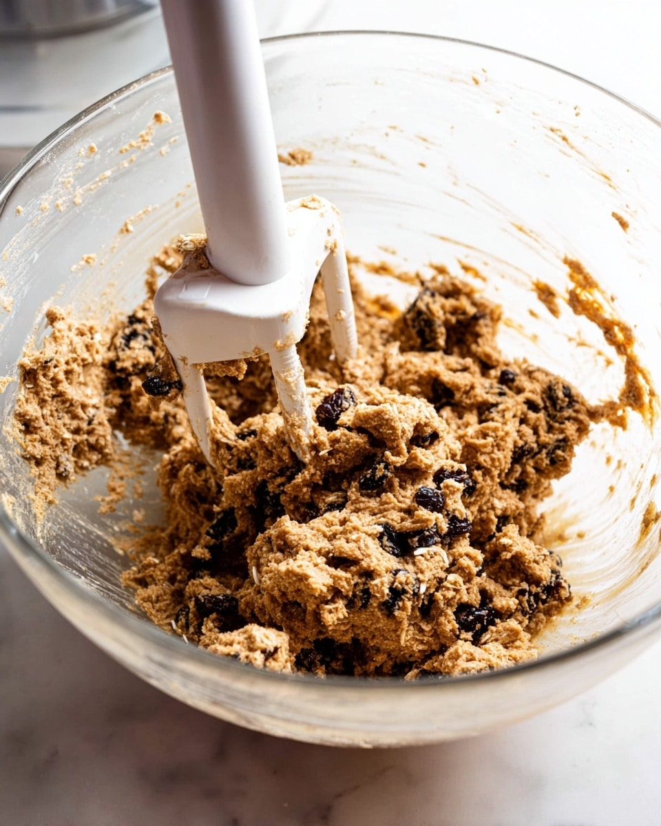A large clear glass bowl sitting on a white marbled surface filled with thick, chunky cookie dough mixed with dark raisins and oats. Inside the bowl, there is a white mixer paddle coated with dough and a white spatula standing upright, also covered in dough. The dough looks rough in texture with visible oats and raisins scattered throughout, clinging to the utensils and sides of the bowl. The background is softly blurred, focusing on the mixture inside the bowl. Photo taken with an iphone --ar 4:5 --v 7