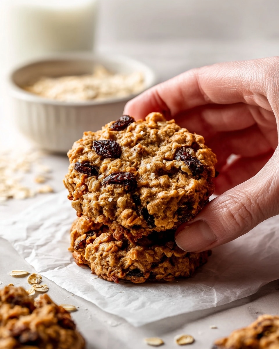 A close-up image shows a stack of two oatmeal raisin cookies with a rough, textured surface made of oats and dark raisins. The cookies are golden brown with a slightly crispy edge and a soft, chunky center. A woman's hand is gently holding the top cookie between thumb and fingers from the right side. The cookies rest on a white parchment paper over a white marbled surface. In the background, there is a white bowl filled with uncooked oats and a blurred glass container partially visible. Tiny cookie crumbs and oats are scattered around the cookies. Photo taken with an iphone --ar 4:5 --v 7
