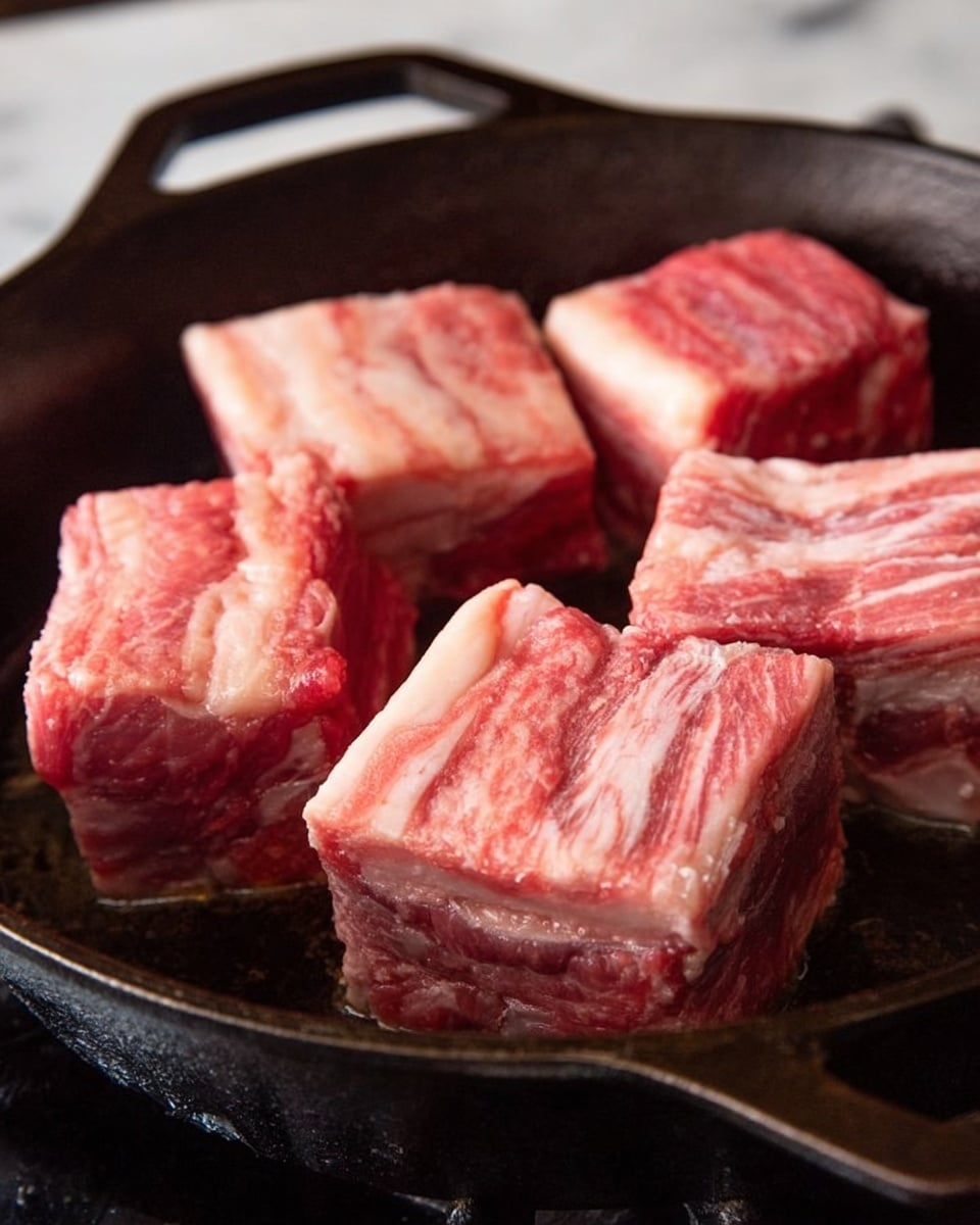 The image shows five thick, square pieces of raw meat with visible white fat marbling, placed closely together inside a dark cast iron pan. The meat pieces have a pink to red color with some white fat layers on top and sides, making the texture look rich and fresh. The pan is slightly shiny from oil and sits on a dark stove, with no other items visible. The background is changed to a white marbled surface. photo taken with an iphone --ar 4:5 --v 7