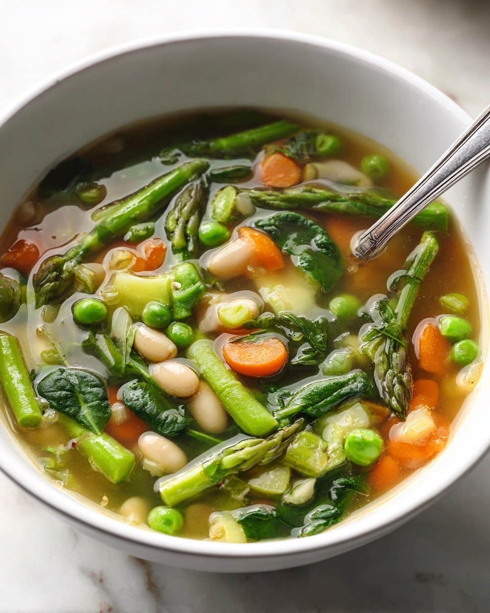 A close-up of a white bowl filled with clear vegetable soup showing one main layer of colorful ingredients in broth, including bright green asparagus spears, small green peas, chopped orange carrots, light green celery pieces, white beans, and dark green fresh spinach leaves floating evenly throughout. A silver spoon rests inside the bowl, and the bowl is placed on a white marbled surface. Photo taken with an iphone --ar 4:5 --v 7
