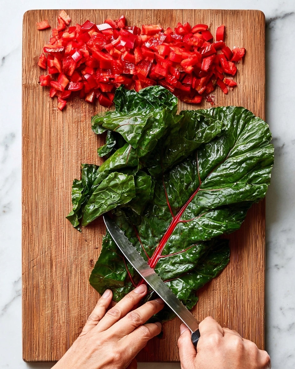 A wooden cutting board placed on a white marbled surface holds bright red chopped vegetable pieces piled in the upper section. In the middle, a woman's hand is slicing a large dark green leafy vegetable with a bold red stem using a silver knife. The leafy vegetable shows smooth, shiny textures with visible veins, and some whole leaves extend below the cutting board. The woman's other hand holds the leaf steady, showing natural skin tone and neatly trimmed nails. Photo taken with an iphone --ar 4:5 --v 7