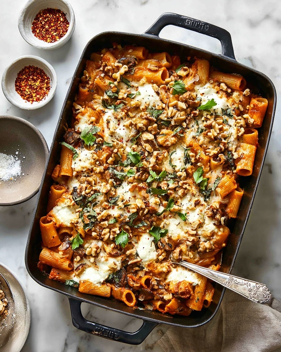 A rectangular black cast iron pan holds a baked pasta dish with three main visible layers: the base layer is made of short tube pasta in a light orange tomato sauce, mixed with bits of sautéed mushrooms and greens; the middle layer shows melted white cheese gooey in spots over the pasta; the top layer is sprinkled with chopped walnuts and fresh green herb leaves for garnish. The pan rests on a white marbled surface with a spoon inside it, and small white bowls of crushed red pepper flakes and grated cheese are placed nearby. Photo taken with an iphone --ar 4:5 --v 7