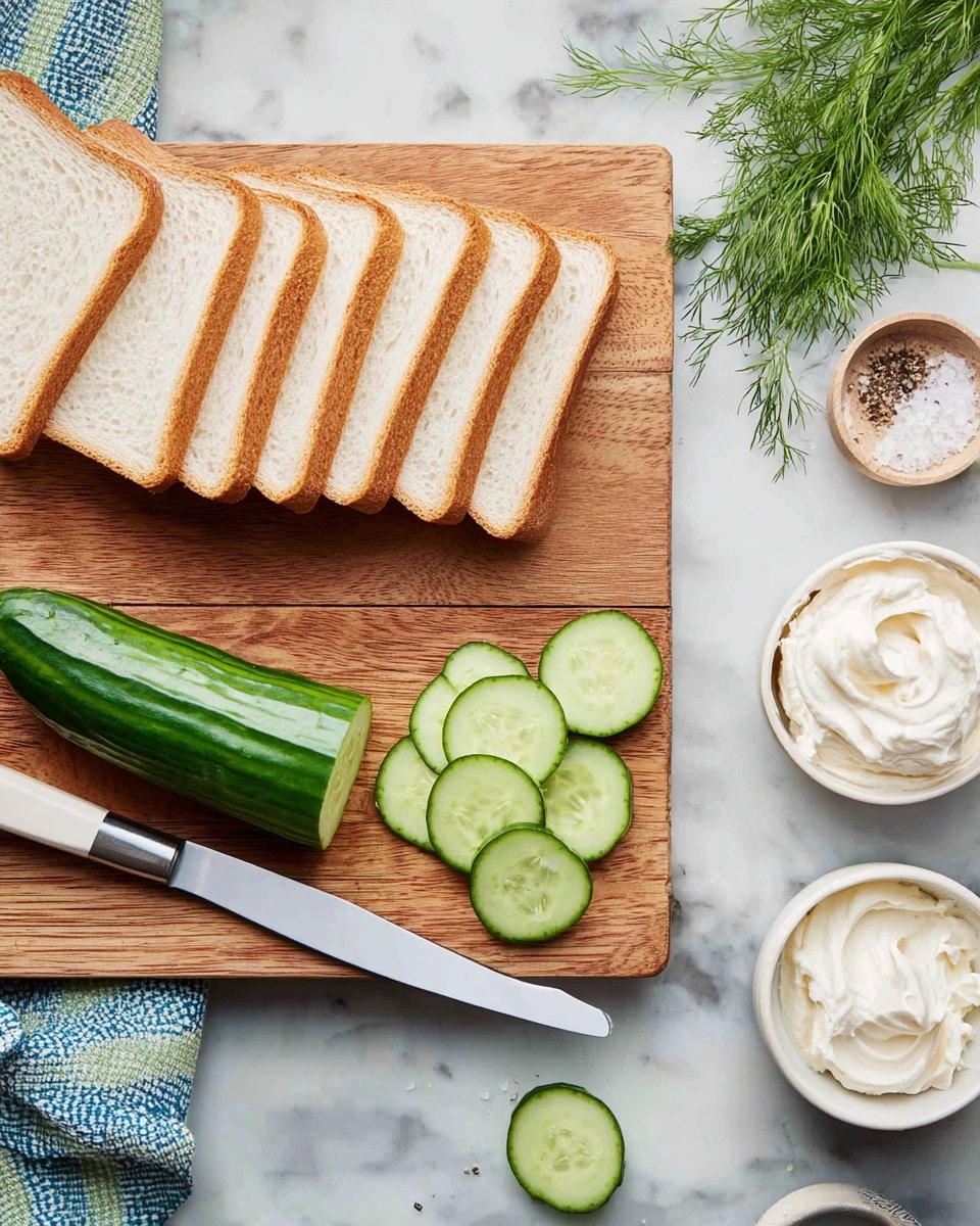 The image shows a wooden cutting board with half a peeled cucumber placed on it, along with several thin, round cucumber slices neatly arranged beside it. A sharp knife with a silver handle rests on the cutting board next to the cucumber. Above the cutting board, there are eight slices of white bread aligned in a fanned pattern. To the right of the cutting board, on a white marbled surface, there are three white bowls containing different creamy spreads or sauces and a small bowl with some salt or seasoning. Fresh green dill sprigs are also placed near the bowls. Photo taken with an iphone --ar 4:5 --v 7