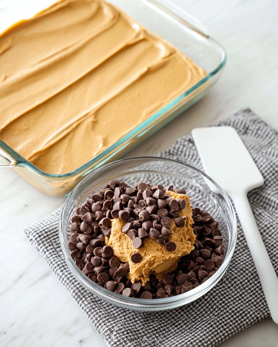 The image shows a clear glass baking dish filled with a smooth, light brown layer that looks like a peanut butter mixture, evenly spread. In front of it, there is a clear glass bowl with a large scoop of creamy peanut butter mixed with a pile of dark brown chocolate chips on top. To the right of the bowl, a white spatula rests on a folded gray and white checkered cloth. The whole scene is set on a white marbled surface. photo taken with an iphone --ar 4:5 --v 7