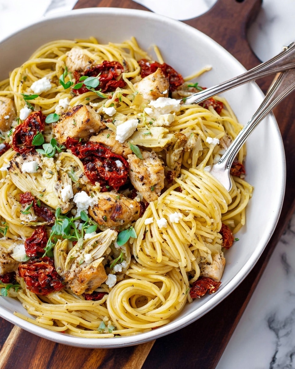 A white bowl filled with long, yellow spaghetti noodles mixed with large pieces of cooked chicken that have a light brown, slightly charred outside. Scattered on top are small white chunks of cheese and dark red sun-dried tomatoes. Bright green fresh herbs add color on top and around the bowl. A silver fork lifts a twirl of spaghetti above the bowl. The bowl sits on a white marbled surface with a blurred background showing red tomatoes and a glass filled with a yellow drink. photo taken with an iphone --ar 4:5 --v 7