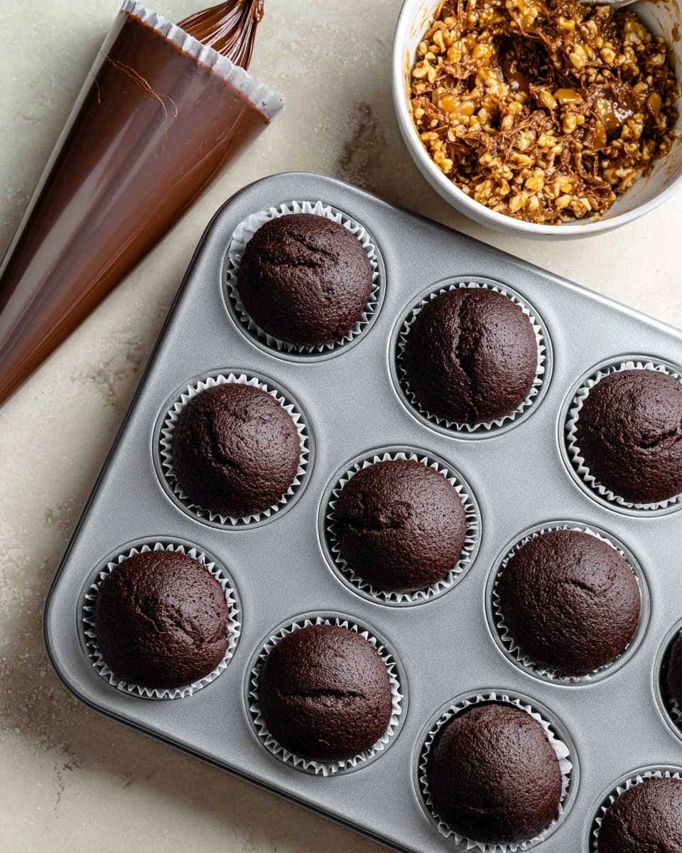 A silver muffin tray holds twelve dark chocolate cupcakes with smooth, rounded tops and a slightly shiny texture, each sitting in white paper liners; to the tray's left is a transparent piping bag filled with thick chocolate frosting, its tip resting on a white marbled surface, and in the upper right corner, a white bowl contains a chunky, mixed nut and caramel topping with a sticky, glossy look. photo taken with an iphone --ar 4:5 --v 7