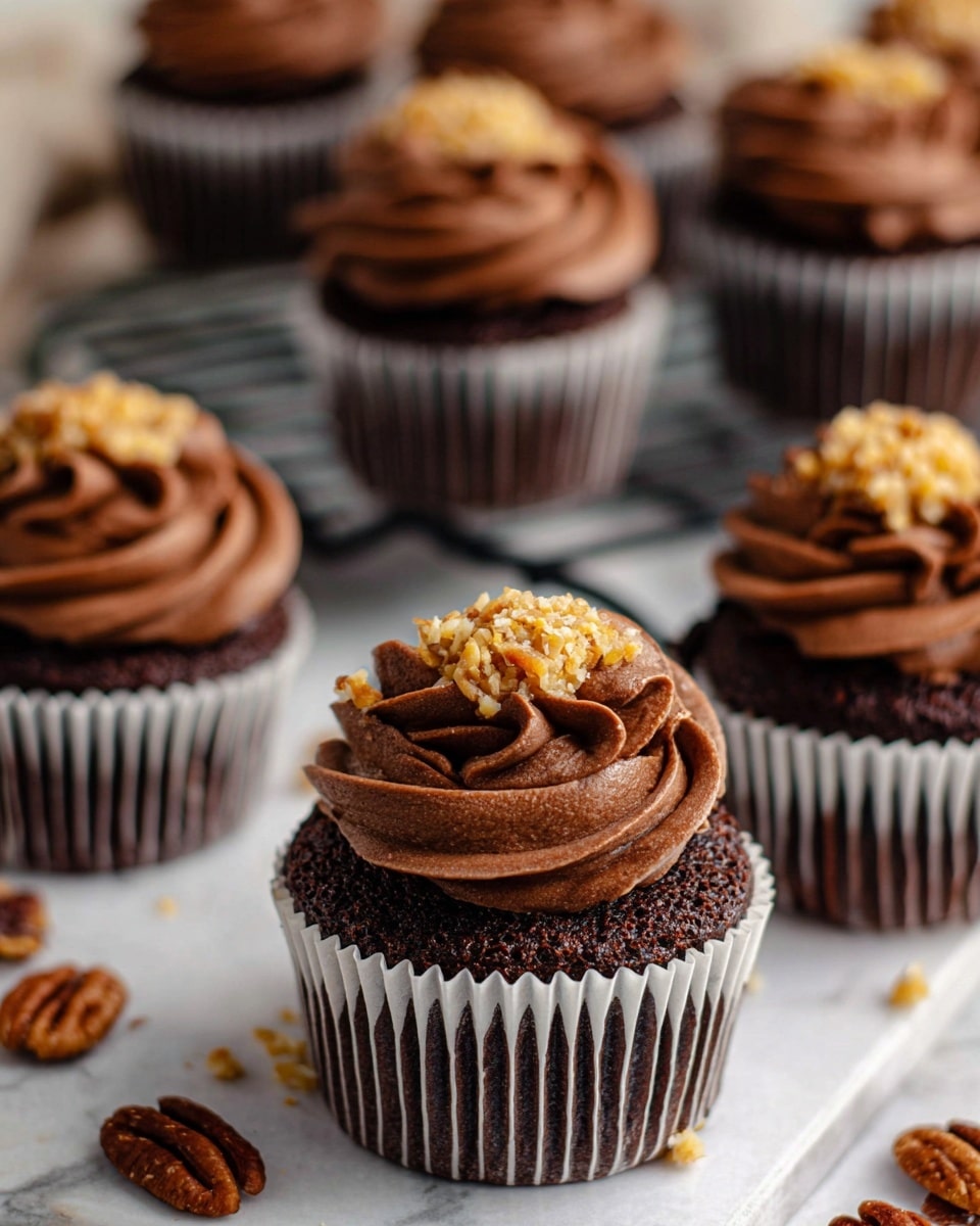 The image shows several rich chocolate cupcakes arranged on a white marbled surface, each cupcake has three visual layers: a dark chocolate cake base, a thick swirl of smooth milk chocolate frosting on top, and a small mound of golden-brown nut and coconut topping centered on the frosting. The white cupcake liners with dark vertical stripes hold each cupcake neatly. Pecans are scattered around the cupcakes, adding extra texture and color contrast. Some cupcakes are placed on a black wire rack in the background. The overall scene gives a warm, inviting feel with varied textures from soft cake, creamy frosting, to crunchy topping. photo taken with an iphone --ar 4:5 --v 7