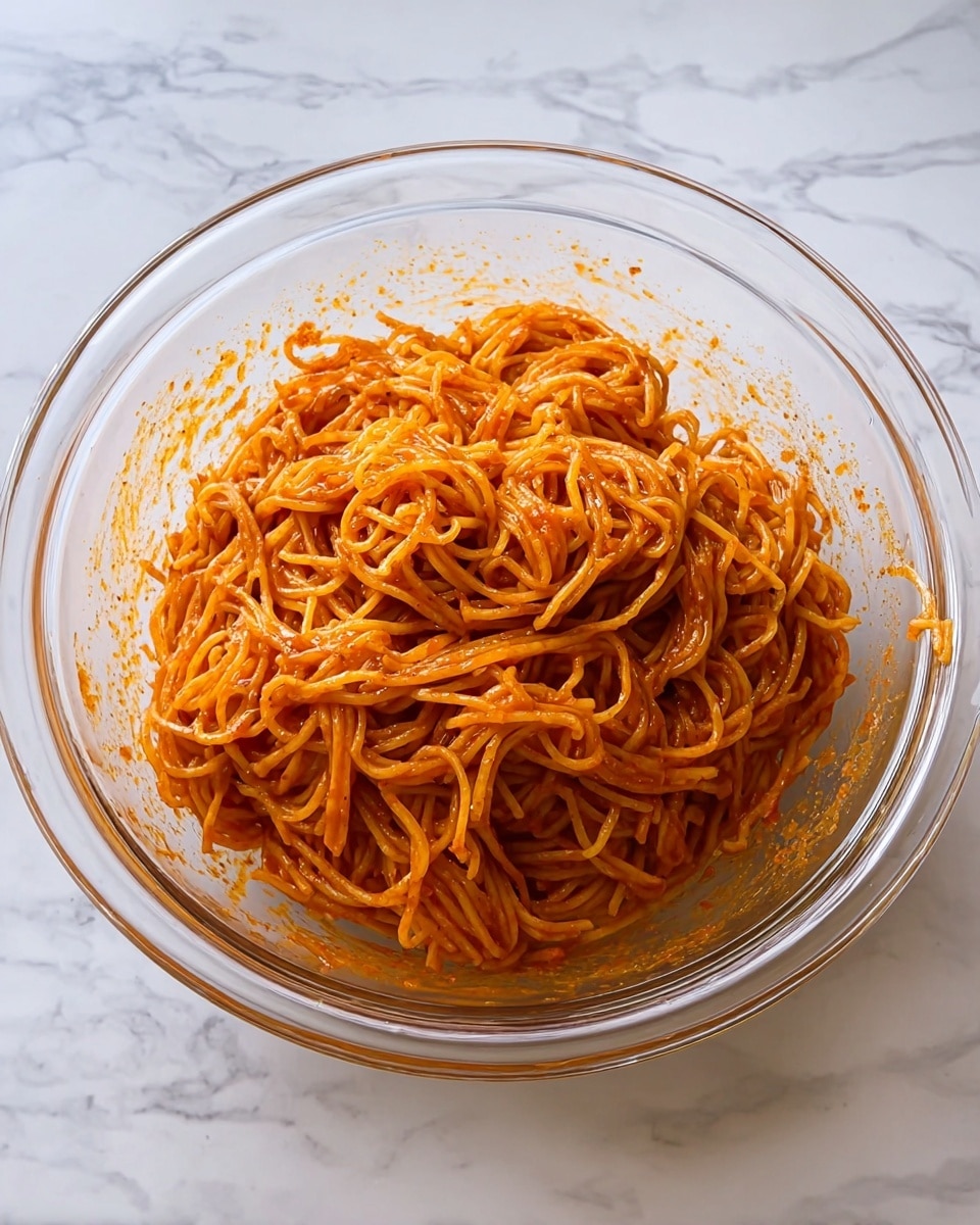 A clear glass bowl holds a large pile of thin noodles coated evenly in a shiny bright orange-red sauce. The noodles are tangled and sit high in the middle of the bowl, with sauce splattered lightly around the inside edges. The bowl is placed on a surface with a white marbled texture, giving a clean and simple look. Photo taken with an iphone --ar 4:5 --v 7