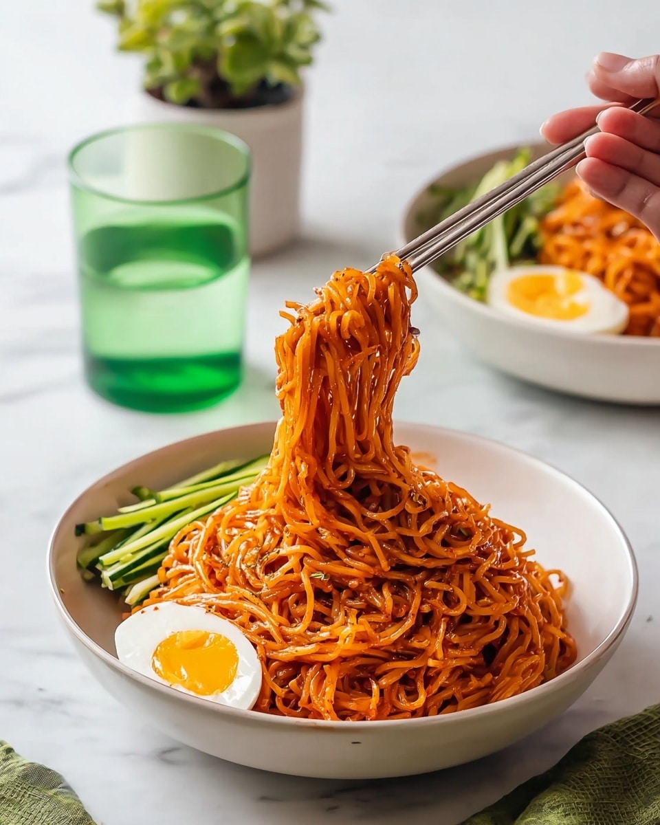 A white bowl holds a serving of thin noodles coated in a red sauce, piled high with some noodles lifted by silver chopsticks held by a woman's hand on the right side. Next to the noodles inside the bowl are small sticks of green cucumber. In the background, there is another white bowl with the same noodles topped by half a boiled egg with a bright yellow yolk and more cucumber sticks. A green glass of water and a small green plant in a white pot are also seen on a white marbled surface. photo taken with an iphone --ar 4:5 --v 7