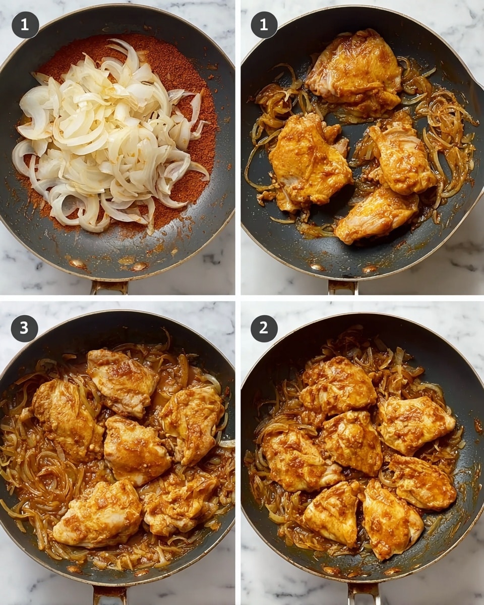 The images show a cooking process in four steps inside a dark pan on a white marbled surface. The first image has a layer of raw sliced onions mixed with pieces of raw chicken coated in a reddish spice mix at the bottom of the pan. The second image shows four pieces of lightly browned chicken cooking in the pan, with the outer layer turning golden and slightly crispy. In the third image, a layer of cooked onions, now soft and translucent with some browned edges, fills the entire pan. The fourth image shows the chicken pieces back in the pan, now more browned and sitting in a thick orangish sauce mixed with cooked onions, covering the chicken bottoms and filling the pan base. photo taken with an iphone --ar 4:5 --v 7