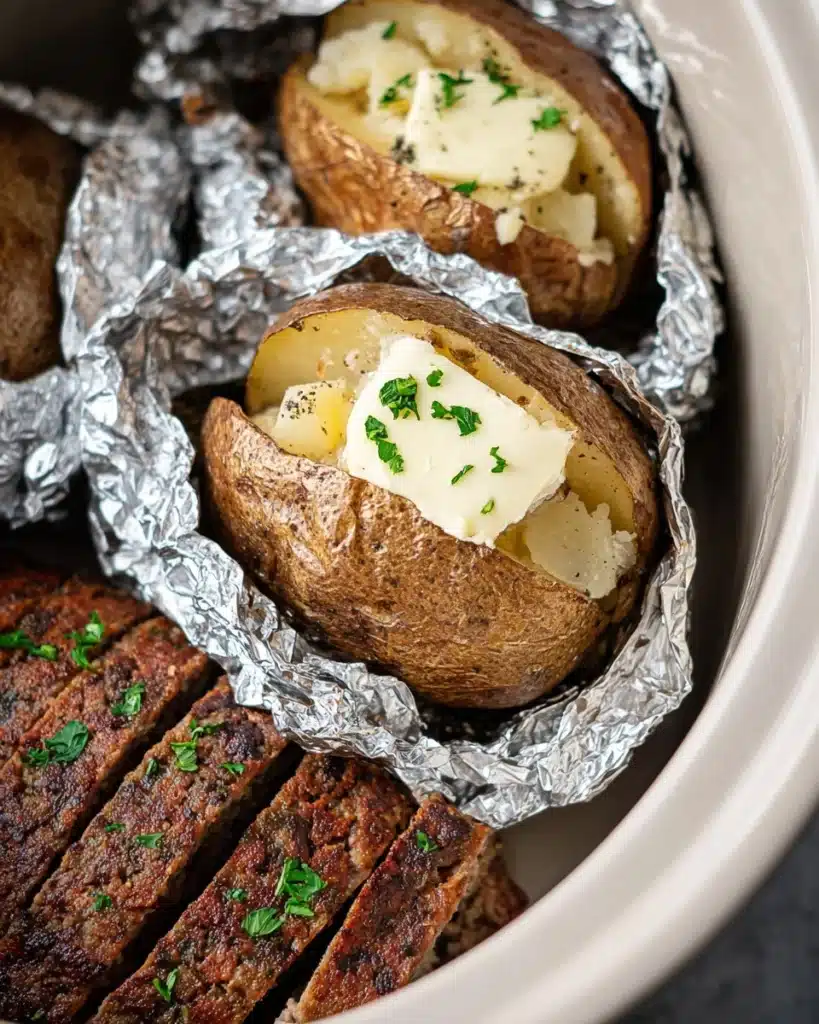 Slow Cooker Meatloaf and Baked Potatoes Recipe