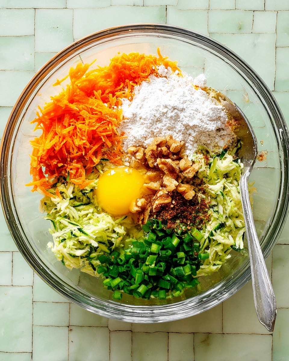A clear glass bowl sits on a white marbled surface, filled with layers of ingredients waiting to be mixed. The top left layer shows bright orange shredded carrots, next to a pile of white flour covering some chopped nuts and a raw yellow egg yolk at the bottom. The top right part has light green shredded zucchini with dark brown spices sprinkled on them. At the bottom right, vibrant green chopped spring onions add a fresh look. A silver spoon is partially immersed in the mixture, ready to stir everything together. photo taken with an iphone --ar 4:5 --v 7