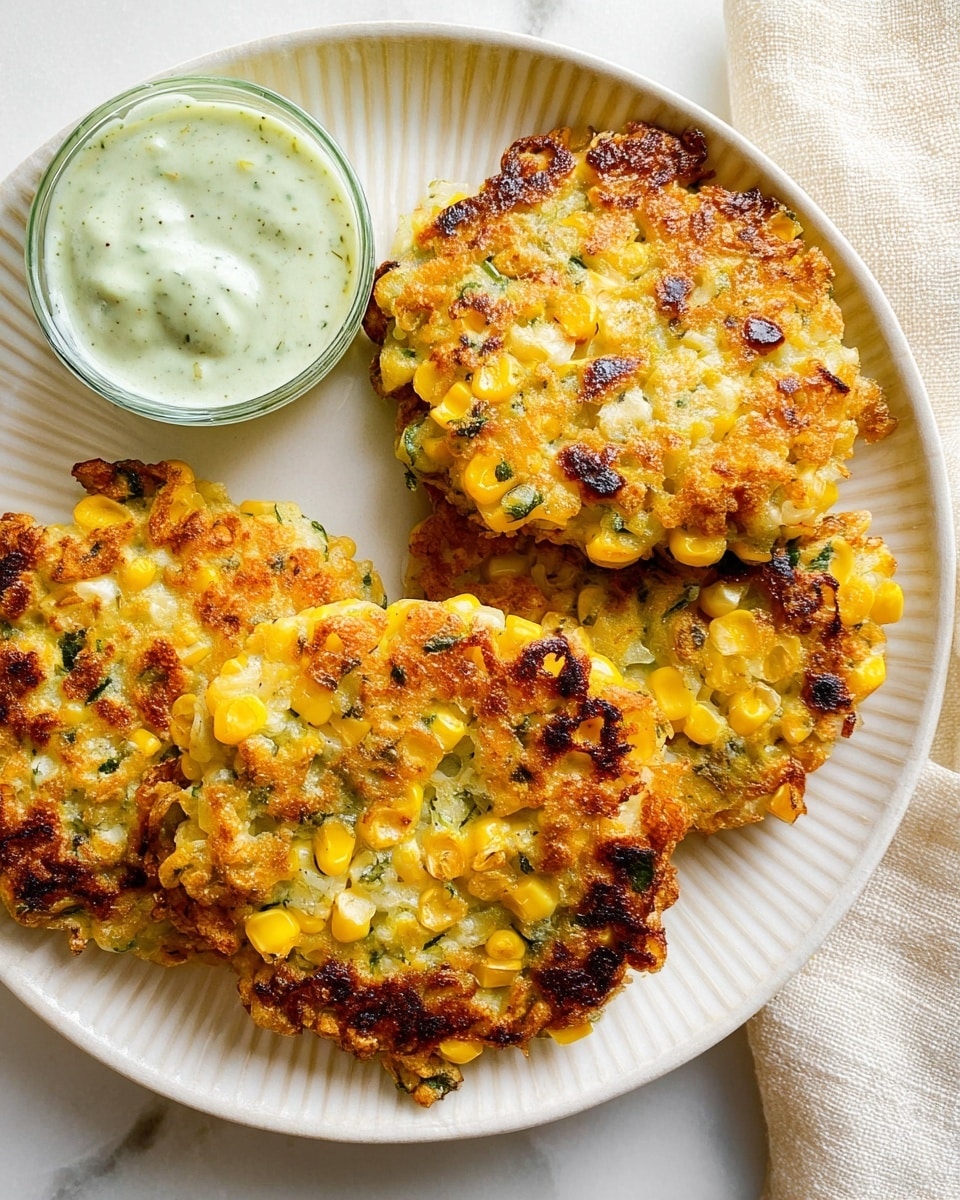 The image shows three golden-brown corn fritters with visible corn kernels and bits of green herbs mixed in, arranged closely on a white round plate with subtle ridges along the edge. The fritters have a crispy outer texture with some browned, slightly charred spots. A small glass bowl with a creamy pale green sauce sits to the left side of the plate. The plate is set on a white marbled surface, with a soft off-white cloth slightly visible on the right side. photo taken with an iphone --ar 4:5 --v 7
