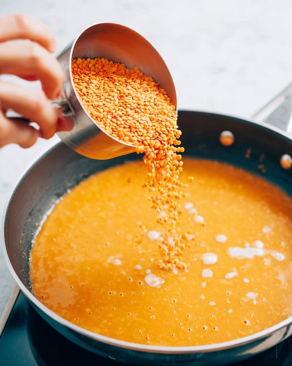 A close-up image shows a woman's hand pouring orange lentils from a silver measuring cup into a black frying pan filled with orange liquid. The lentils are small, round, and dry, falling into the simmering liquid that has a smooth texture with small white patches. The frying pan has a shiny silver rim, and the background is a white marbled surface. Photo taken with an iphone --ar 4:5 --v 7