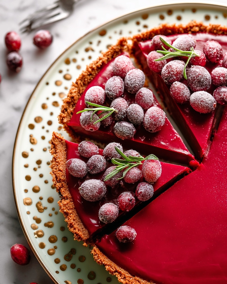 The image shows a pie with three visible triangular slices cut out from the bright red filling layer. The pie has a rough-textured golden brown crust surrounding the filling. On top of the filling, there is a decoration of whole fresh cranberries and some cranberries covered in frost, arranged close to the crust. Small green rosemary sprigs are placed among the cranberries, adding green color and texture. The pie is placed on a white plate with gold decorative dots on the rim, all set on a white marbled surface. Photo taken with an iphone --ar 4:5 --v 7