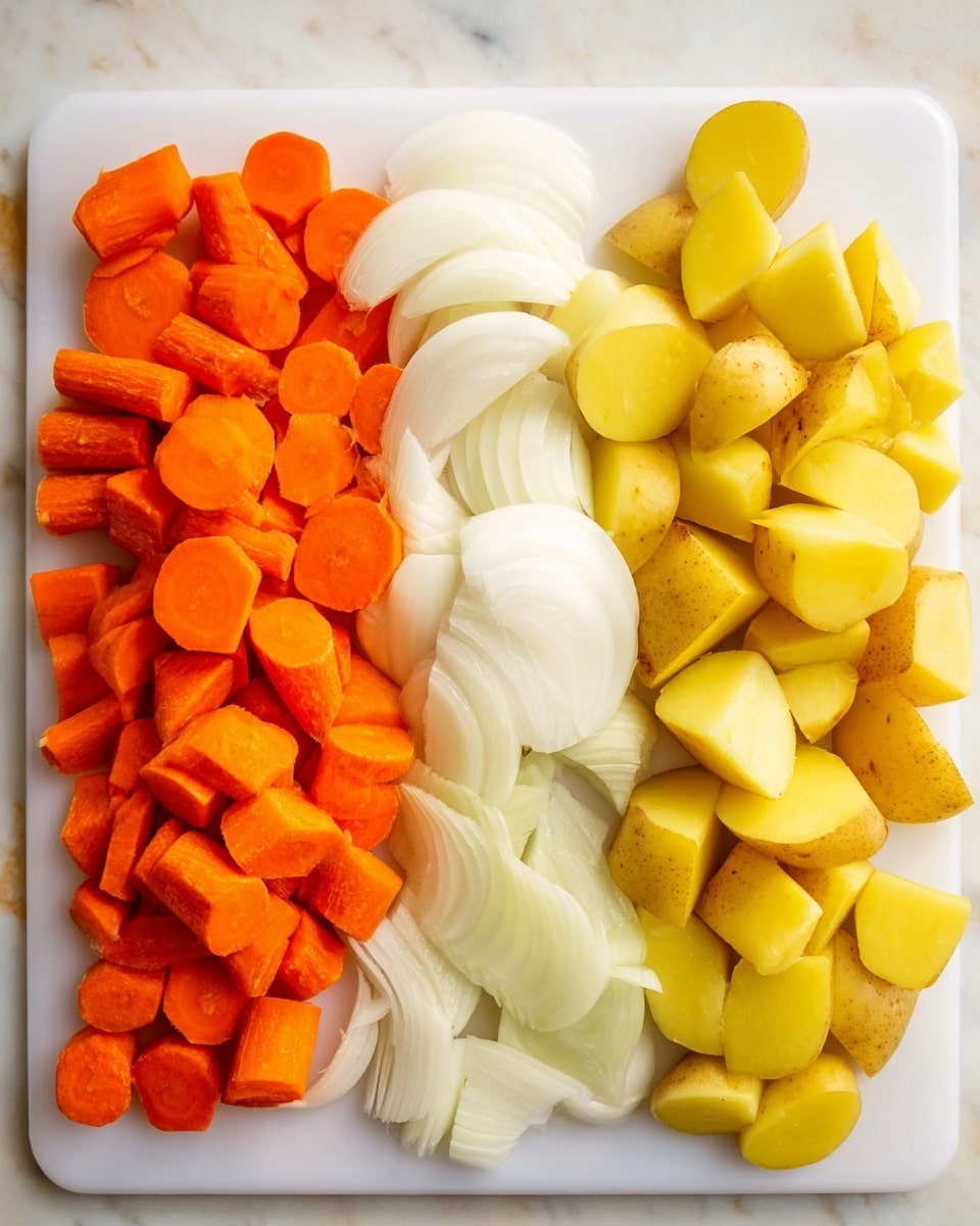 A white cutting board on a white marbled surface holds three groups of sliced vegetables arranged side by side. On the left, bright orange carrot pieces are cut into round and elongated shapes with some showing diagonal cuts, forming a textured vibrant layer. In the middle, white onion slices are placed in loose segments, adding a slightly translucent, smooth layer. On the right, yellow potato pieces are quartered and scattered with a firm and matte texture, completing the trio of layered fresh vegetables. Photo taken with an iphone --ar 4:5 --v 7