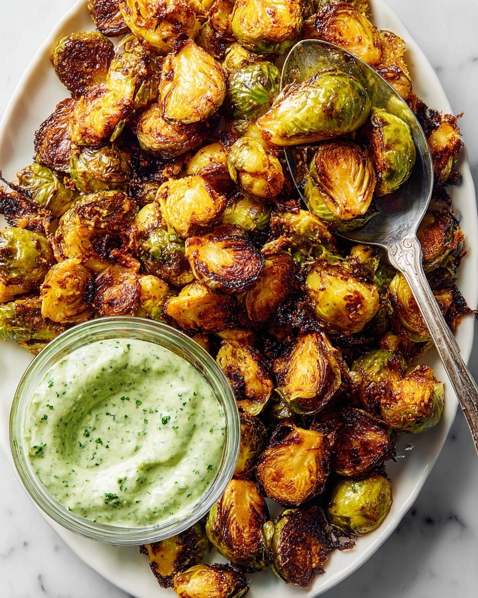A large white plate holds many roasted Brussels sprouts, golden brown and crispy with dark charred edges, showing layers of tightly packed leaves with a caramelized texture; they are irregular oval shapes with some leaves slightly open revealing a tender, soft inside. On the top right, a large silver spoon scoops some Brussels sprouts looking crisp and shiny with hints of green leaves peeking out. Near the center-left sits a small clear glass bowl of creamy green sauce speckled with herbs and a smooth, slightly whipped texture. The whole plate is set on a white marbled surface. Photo taken with an iphone --ar 4:5 --v 7