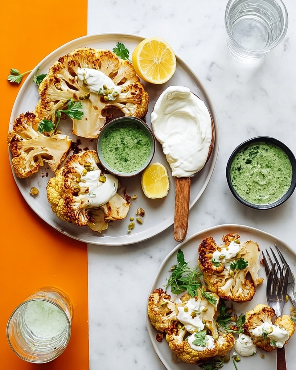 The image shows two white plates on a white marbled surface with roasted cauliflower slices. The larger plate on the left has several golden brown cauliflower slices arranged around a small bowl of green sauce, two lemon wedges, and some parsley, with one slice topped with white cream and green sauce with pine nuts sprinkled on it. A wooden spoon with white cream rests on the edge of the plate. The smaller plate on the right has fewer cauliflower pieces, some topped with white cream and green sauce, with a fork resting on the plate. Two clear glasses of water and two small bowls, one with more green sauce and the other with white cream and a spoon inside, are also present. Photo taken with an iphone --ar 4:5 --v 7