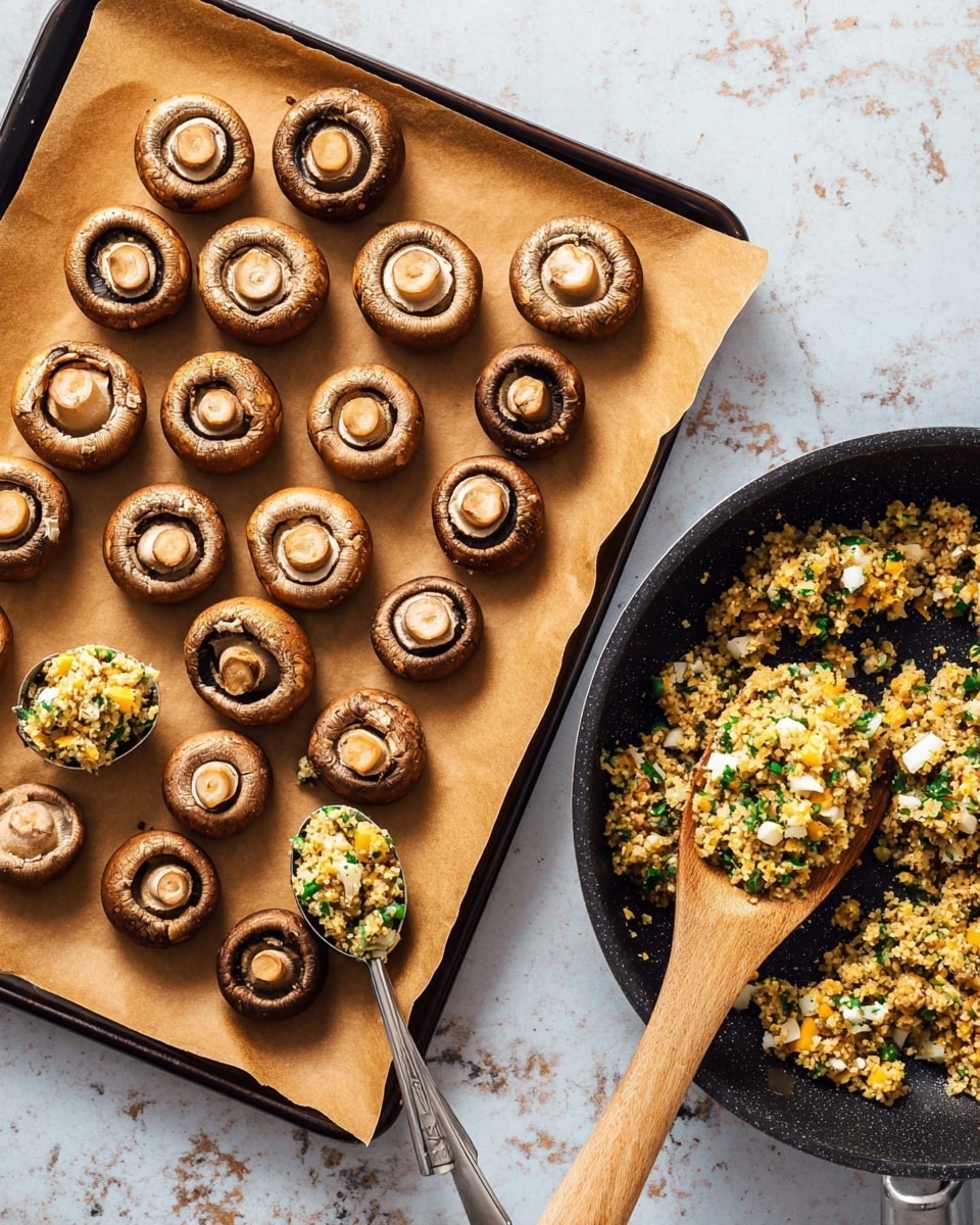 The image shows a baking tray lined with parchment paper filled with 24 whole brown mushrooms, arranged neatly in rows. Some mushrooms on the right side of the tray are stuffed with a mixture of finely chopped yellow, white, and green ingredients, likely herbs and vegetables. A spoon filled with the same mixture is resting on the tray, ready to fill more mushrooms. To the right of the tray, there is a black frying pan with more of the stuffing mixture and a wooden spoon resting inside it. The surface beneath everything is white marbled. photo taken with an iphone --ar 4:5 --v 7