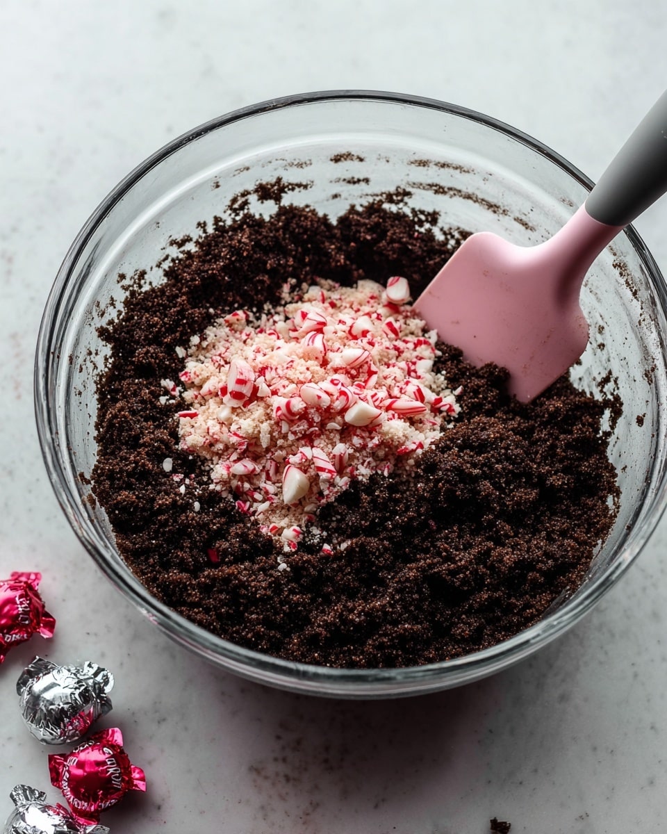 A clear glass mixing bowl sits on a white marbled surface, filled with two main layers. The base layer is dark brown, crumbly, and textured, likely crushed cookies or chocolate crumbs, taking up most of the bowl. On top in the center is a pile of crushed peppermint pieces, white with bright red bits, adding contrast and texture. A soft pink silicone spatula with a grey handle is resting inside the bowl on the right side, partly buried in the crumb mixture. Around the bowl on the surface are some unwrapped silver and red peppermint candies. photo taken with an iphone --ar 4:5 --v 7