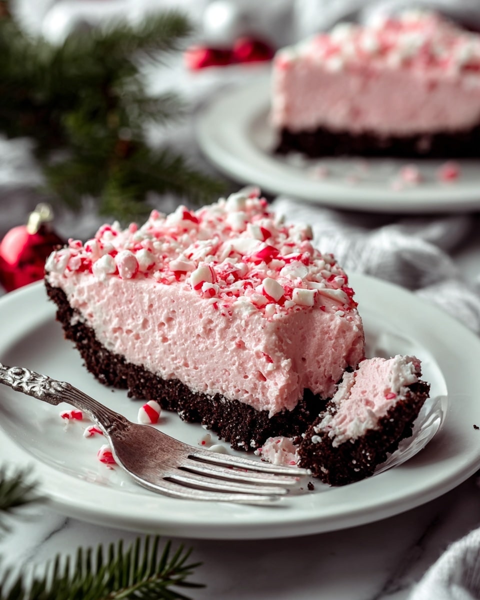 A slice of dessert with two clear layers sits on a white plate. The bottom layer is thin, dark brown, and crumbly like chocolate cookie crust. The thick top layer is light pink, creamy, and smooth with little air pockets. This pink layer is covered with small white and red crushed pieces that look like peppermint candy. A shiny silver fork rests on the plate next to the slice, with one bite stuck on its tines. The plate is on a white marbled surface, with blurry green fir branches and silver red-wrapped Hershey’s Kisses candies near the front. In the background, more slices on white plates are partly visible. Photo taken with an iphone --ar 4:5 --v 7