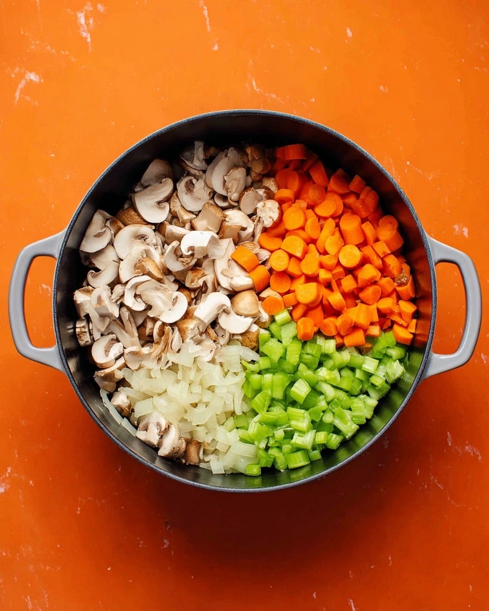 A black pot with two handles holds three layers of chopped vegetables, each in separate sections: the left section has light brown mushrooms mixed with translucent white onion slices, the top section has small bright orange carrot pieces, and the right section has chopped green celery. The pot is placed on a white marbled surface. photo taken with an iphone --ar 4:5 --v 7