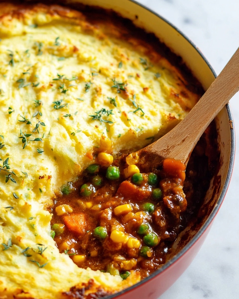 The dish shows a three-layered shepherd's pie in a white pan with a wooden spoon scooping out a portion. The bottom layer is a mix of bright green peas, yellow corn, and small pieces of orange carrots in a thick brown sauce. The middle layer is hidden but suggested by the rich sauce. The top layer is thick mashed potatoes, creamy yellow with a golden brown baked edge and sprinkled small green herb leaves. The dish sits on a white marbled surface. Photo taken with an iphone --ar 4:5 --v 7