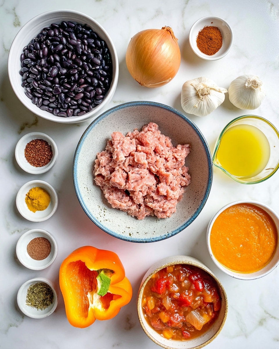 The image shows raw light pink minced meat placed in the center of a speckled light gray bowl with a blue rim, surrounded by various ingredients on a white marbled surface. To the top left, there is a white bowl filled with shiny black beans, with a small white bowl of reddish-brown spice beside it. In the top center, a whole golden-brown onion is placed with a small light bulb of garlic to its right. Near the top right, a glass measuring cup with a light yellow liquid sits. On the right side, a small white bowl holds bright orange pureed pumpkin, and below it lies a round white bowl containing chunky red tomato sauce with visible pieces of tomatoes and herbs. To the left, an orange bell pepper is halved and laid flat with its inner ribs and seeds showing. Around the lower left area, four small white bowls hold different spices and a yellow liquid, featuring colors like earthy green, brown, and deep red. The arrangement is neat and colorful, showing a variety of textures from smooth liquid, soft puree, whole vegetables, dry spices, and fresh minced meat. Photo taken with an iphone --ar 4:5 --v 7