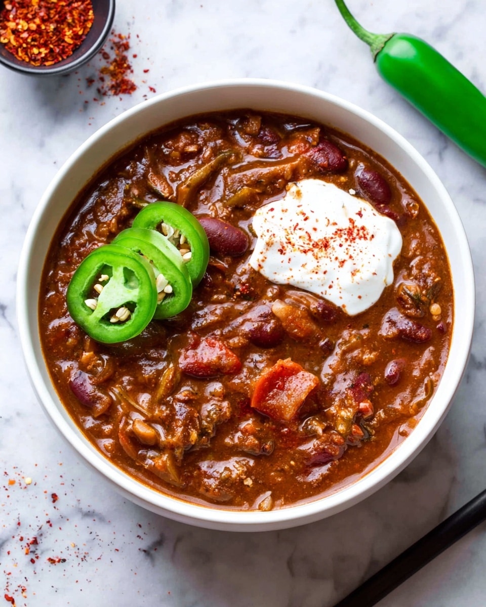 A white bowl filled with thick chili, showing a rich brown and red mix with visible beans and tomato pieces. On top, three slices of green jalapeño with white seeds are arranged on the left side. On the right side, a dollop of white sour cream is placed, sprinkled with a bit of red chili powder. The bowl is set on a white marbled surface with some scattered red chili powder and a whole fresh jalapeño near the top right corner of the image. photo taken with an iphone --ar 4:5 --v 7