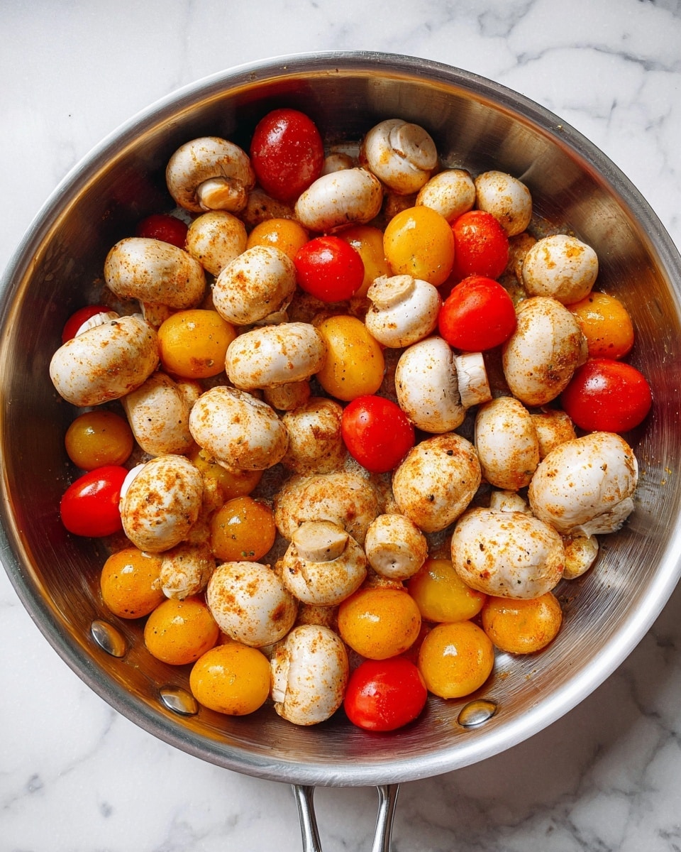 A shiny silver pan is filled with two layers of food; the bottom layer has small oval yellow and red tomatoes, smooth and shiny, mixed closely together. The top layer has whole white mushrooms with a light orange seasoning that makes them look slightly moist and soft. The pan is resting on a white marbled surface. Photo taken with an iphone --ar 4:5 --v 7