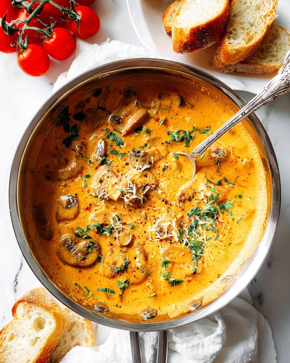 A stainless steel pan filled with creamy orange sauce loaded with sliced mushrooms and fresh green herbs scattered on top, sprinkled lightly with black pepper and grated cheese, a vintage silver spoon resting inside the sauce creating subtle swirls. Around the pan, there are slices of toasted golden-brown bread and some fresh red cherry tomatoes on the vine placed on a white marbled surface with a white cloth underneath. The overall look is warm, comforting, and inviting. photo taken with an iphone --ar 4:5 --v 7