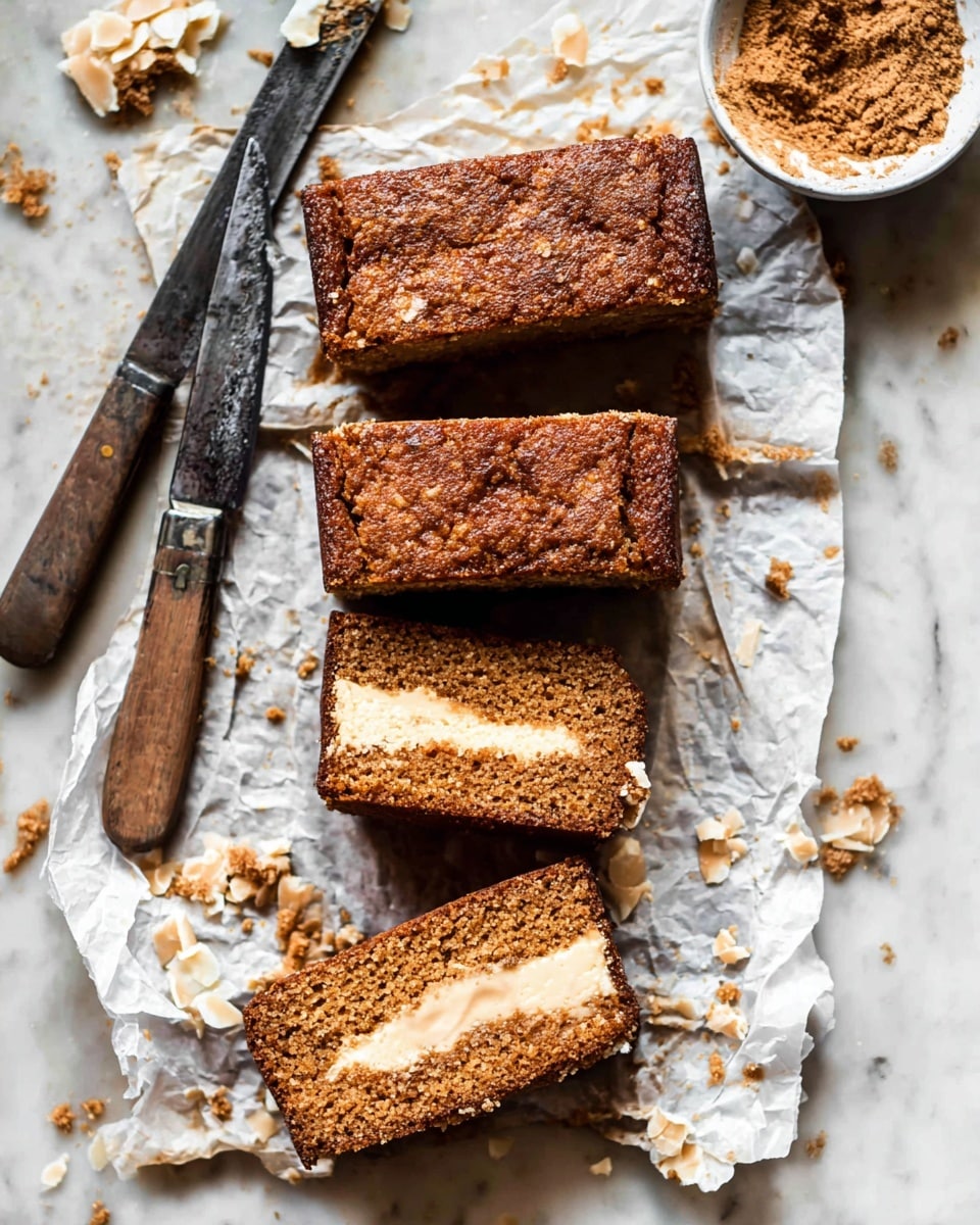 The image shows four pieces of a brown cake with a crumbly top, arranged on crumpled white parchment paper over a white marbled surface. Three pieces are whole, rectangular, and stacked near the top center, showing a crispy texture with a darker brown crust. The fourth piece is sliced open at the bottom center, revealing two layers: a rich brown outer cake layer and a creamy light beige inside layer. To the left, two vintage knives with wooden handles rest on the parchment paper, next to scattered crumbs and small pieces of white flaky substance. Above the knives, a small white bowl filled with a brown powder is partially visible. Photo taken with an iphone --ar 4:5 --v 7