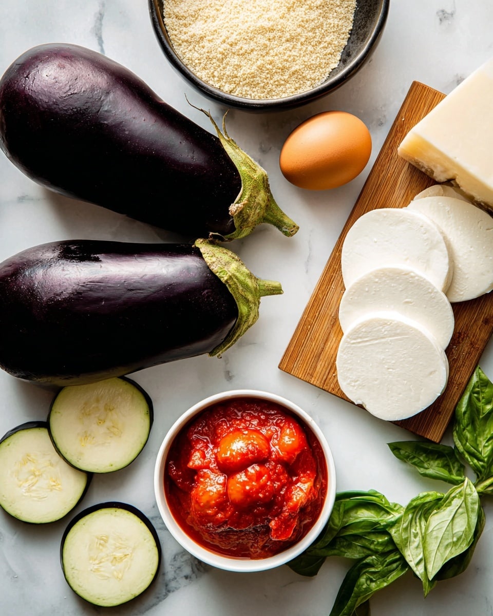 The image shows fresh ingredients laid out on a white marbled surface, including two whole dark purple eggplants and several round slices of pale green eggplant with a soft texture in the bottom left. In the center, a white ceramic bowl holds bright red peeled whole tomatoes in thick sauce. To the right, a wooden board displays four thick white round slices of mozzarella cheese next to a block of pale yellow cheese. An uncracked brown egg is near the eggplant, and fresh green basil leaves are scattered around, adding a pop of color. A dark bowl containing light beige panko breadcrumbs is in the top left corner. Photo taken with an iphone --ar 4:5 --v 7