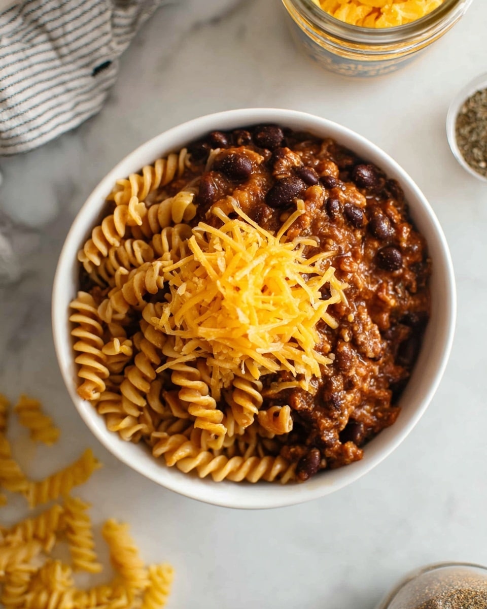 A white bowl filled with three layers: the bottom layer has dark brown beans mixed with small pieces of brown textured meat; the middle layer is a rich reddish-brown sauce coating spiral pasta with a soft, slightly shiny texture; the top layer is a handful of bright orange shredded cheese placed in the center. The bowl rests on a white marbled surface with some uncooked yellow spiral pasta and a spice container nearby, creating a warm and cozy food scene. Photo taken with an iphone --ar 4:5 --v 7