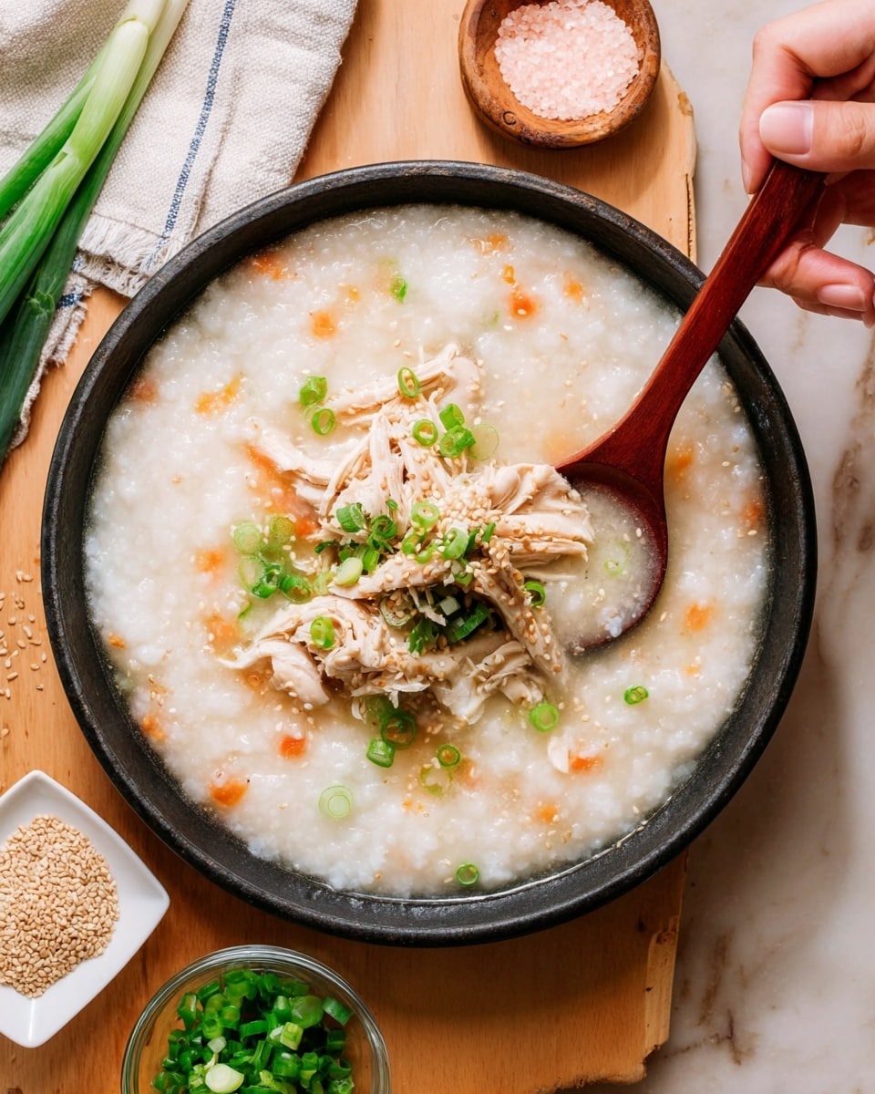 A deep white bowl holds a creamy white porridge with small bits of orange carrot mixed in, topped with shredded light brown chicken pieces in the center, garnished with bright green sliced spring onions and small white sesame seeds scattered on top. A wooden spoon rests inside the bowl, and a fresh whole green spring onion lies beside it on a white marbled surface, with soft white fabric in the background. Photo taken with an iphone --ar 4:5 --v 7